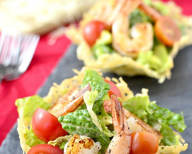 Shrimp Caesar Salad in Crispy Parmesan Cups