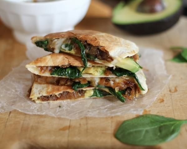 Caramelized Onion, Spinach, and Avocado Quesadillas