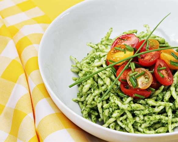 Trofie with Arugula Pesto and Flash-Sauteed Cherry Tomatoes with Garlic Scapes