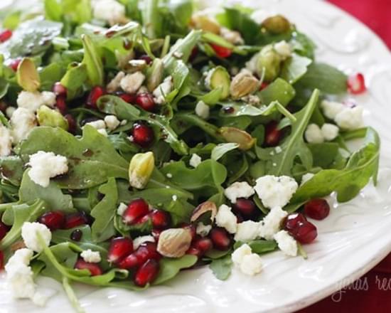 Arugula with Pomegranates, Blue Cheese and Pistachios