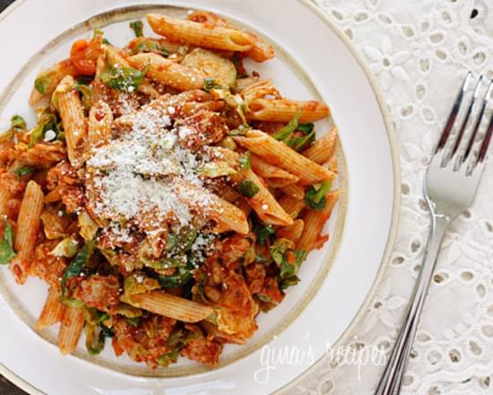 Autumn Penne Pasta with Sauteed Brussels Sprouts in a Light Ragu