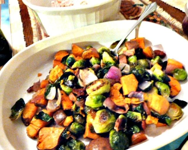 Roasted Brussels Sprouts and Sweet Potatoes with Turkey Bacon, Red Onion, and Balsamic Drizzle