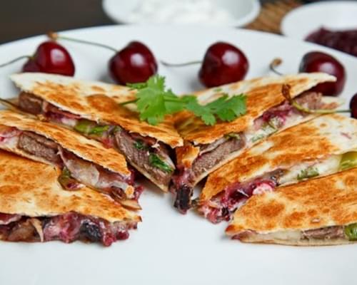 Duck Quesadillas with Chipotle Cherry Salsa and Goat Cheese