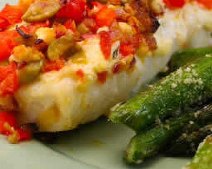 Baked white fish with Onions, Peppers, Olives, and Feta