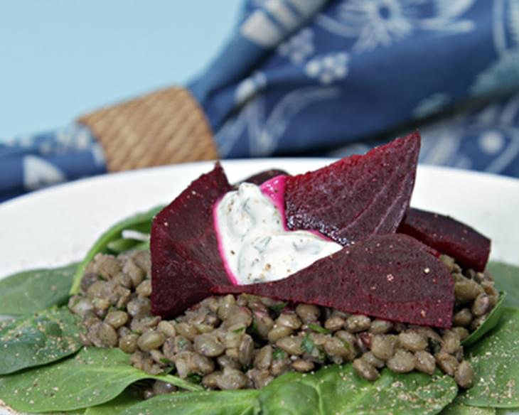 Lentil Salad with Baked Beets, Spinach and Yogurt-Mint Dressing