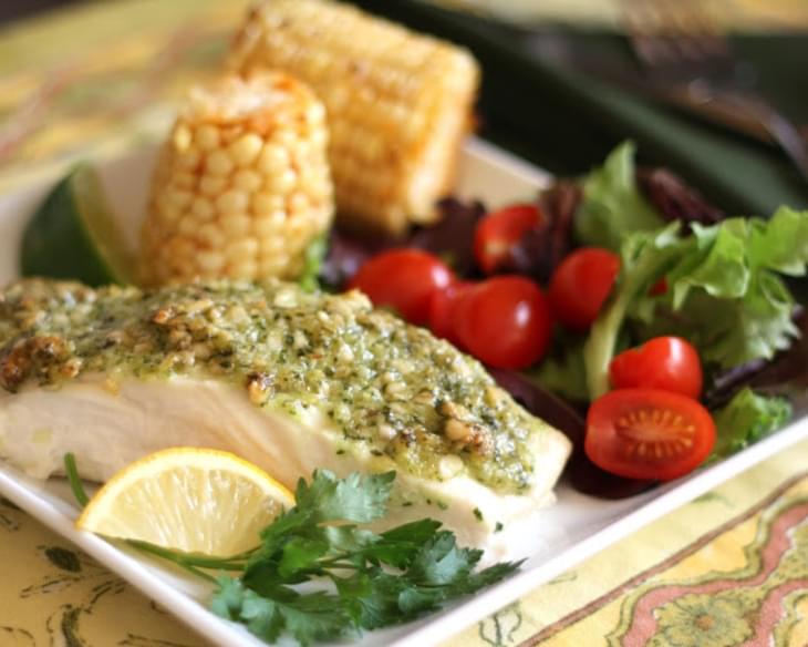 Baked Halibut with Pine Nut, Parmesan and Pesto Crust