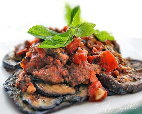Eggplant with Crumbled Beef, Tomatoes and Mint