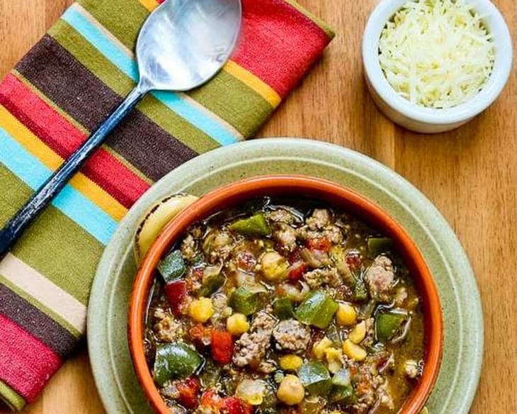 Italian Sausage Soup with Green Pepper, Chickpeas, and Pesto