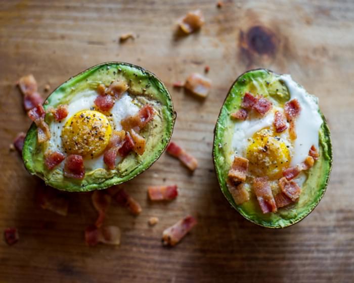 Baked Eggs in Avocado with Bacon, on Toast