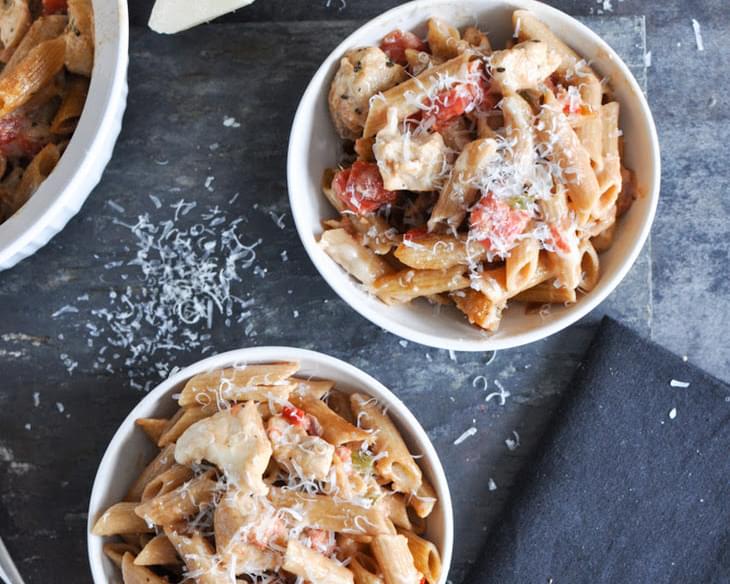 Super Easy Creamy Tomato and Chicken Baked Penne.