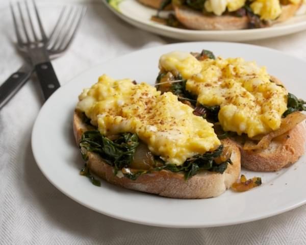 Scrambled Egg Tartines with Spiced Rainbow Chard