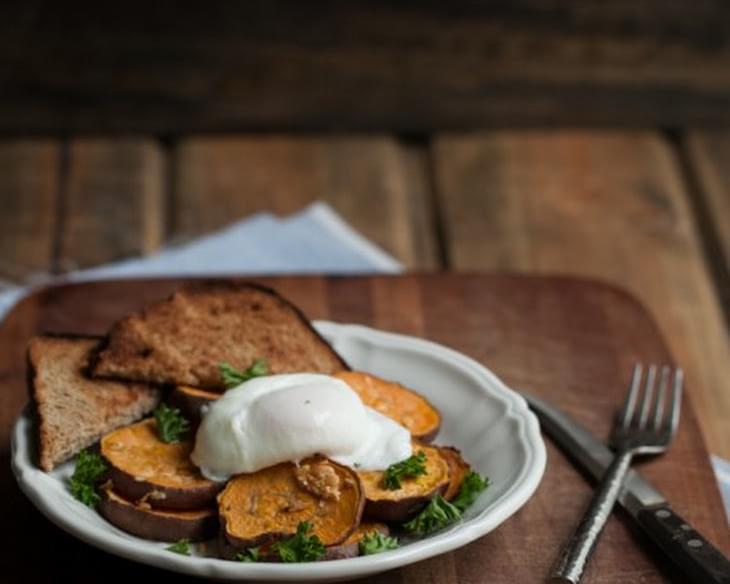 Roasted Garlic Sweet Potatoes with a Poached Egg