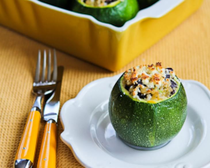 Vegetarian Stuffed Zucchini with Brown Rice, Black Beans, Chiles, Cheddar, and Cotija Cheese