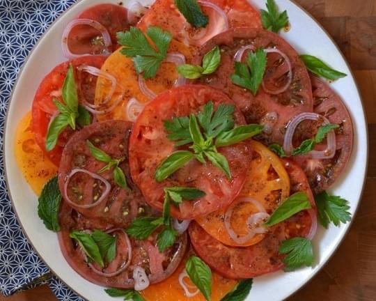 Heirloom Tomato Salad with Pomegranate-Sumac Dressing