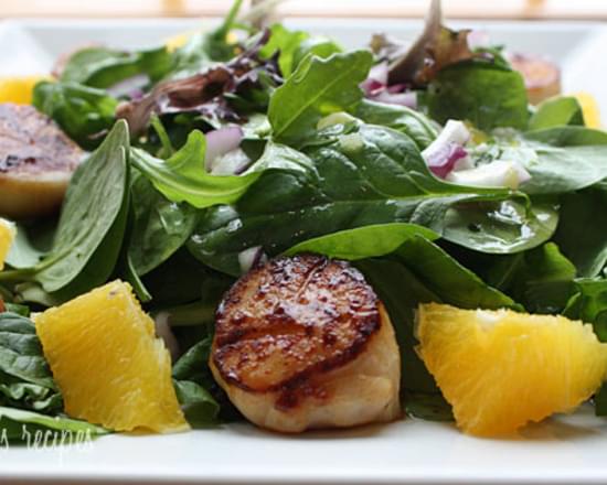 Pan Seared Scallops with Baby Greens and Citrus Mojo Vinaigrette