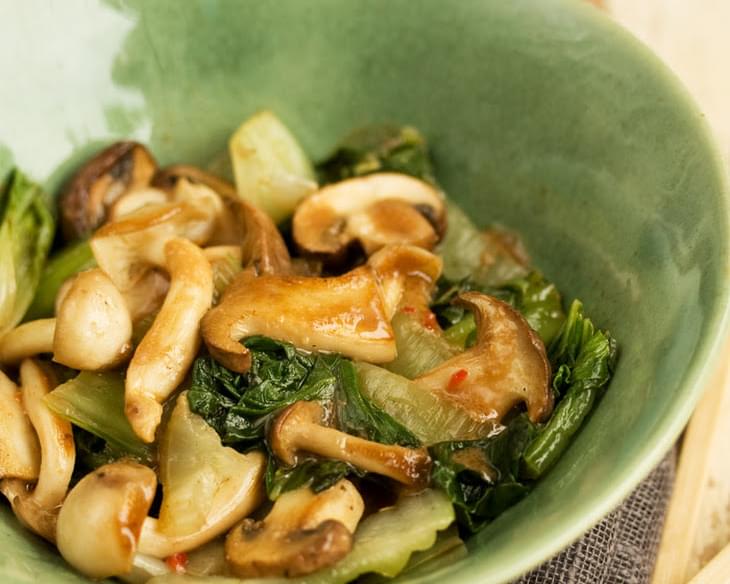 Bok Choy And Mushrooms Flash Cooked With A Miso Dressing