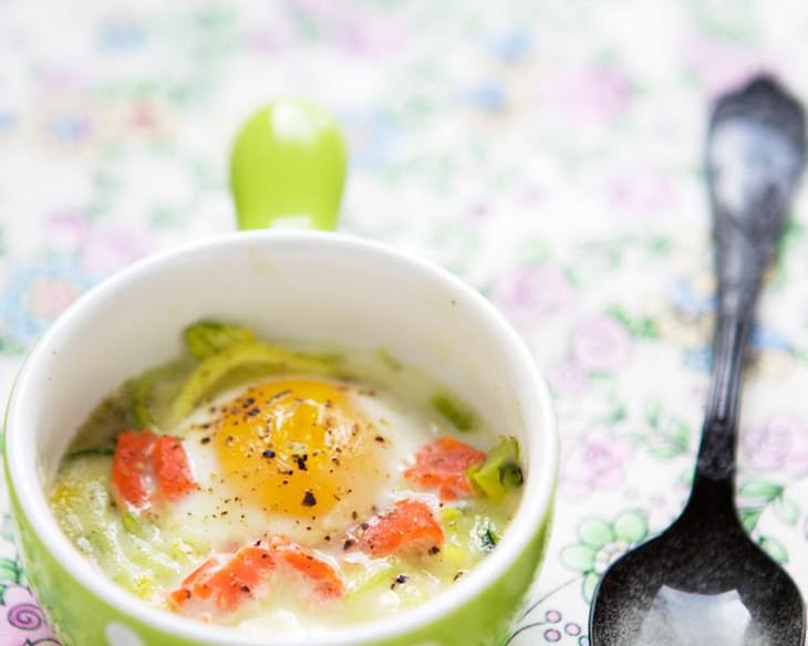 Quail Eggs En Cocotte With Leek, Julienned Zucchini And Smoked Salmon