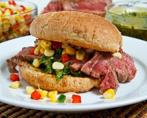 Chimichurri Steak Sandwiches with Roasted Corn and Red Pepper Salsa
