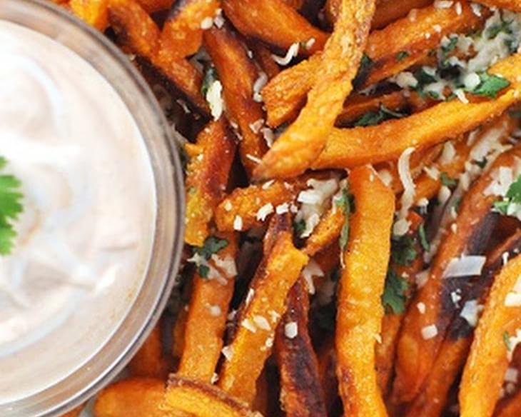 Baked Sweet Potato French Fries with Parmesan & Cilantro