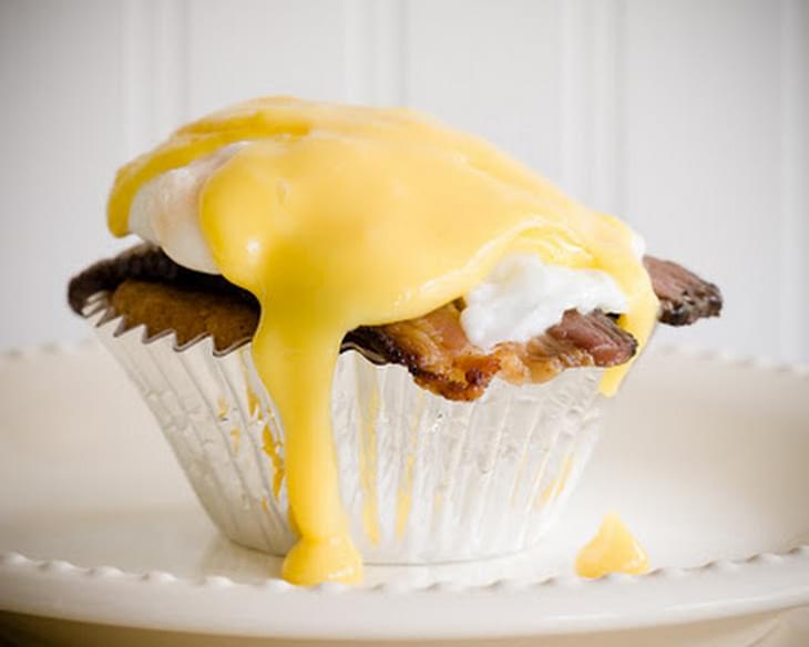 Cupcakes Benedict - Maple Cupcakes Topped with Black Forest Bacon, Poached Eggs, and Maple Hollandaise Sauce