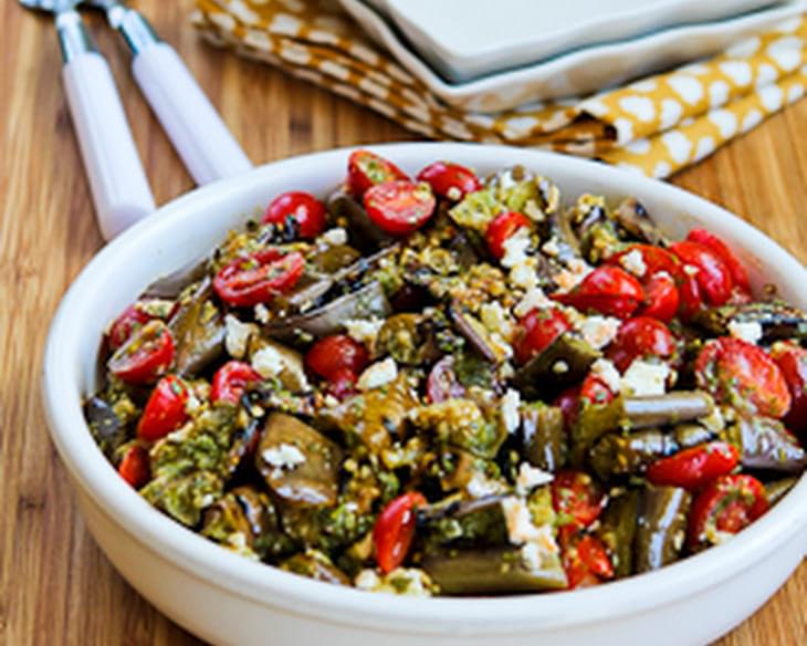Grilled Eggplant, Grape Tomato, and Feta Salad with Amazing Basil, Parsley, and Caper Sauce