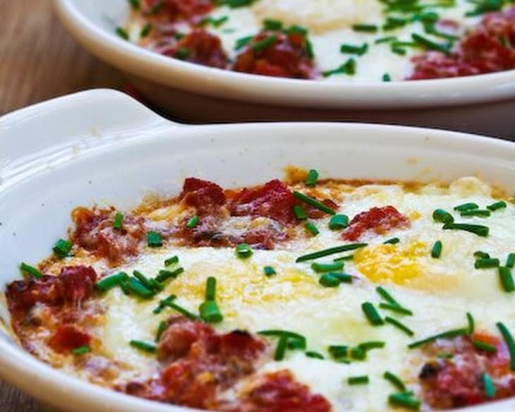 Tuscan Baked Eggs with Tomatoes, Red Onion, Garlic, Parmesan, and Herbs