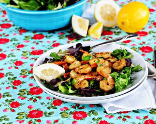 Lemon Pepper Shrimp Over Greens