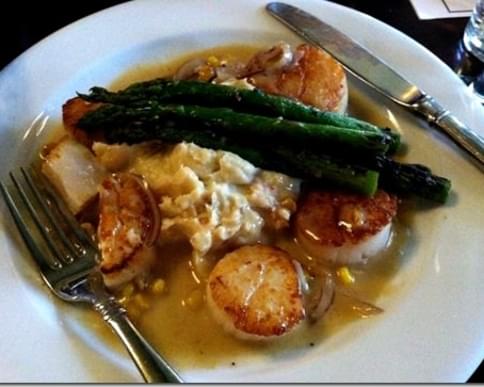 Seared Sea Scallops with lobster-sweet corn mashed potatoes and red onion-sweet corn butter sauce for her...