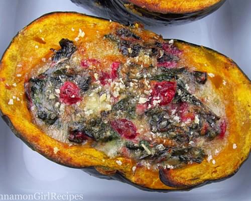 Stuffed Squash with Brie, Cranberries and Greens
