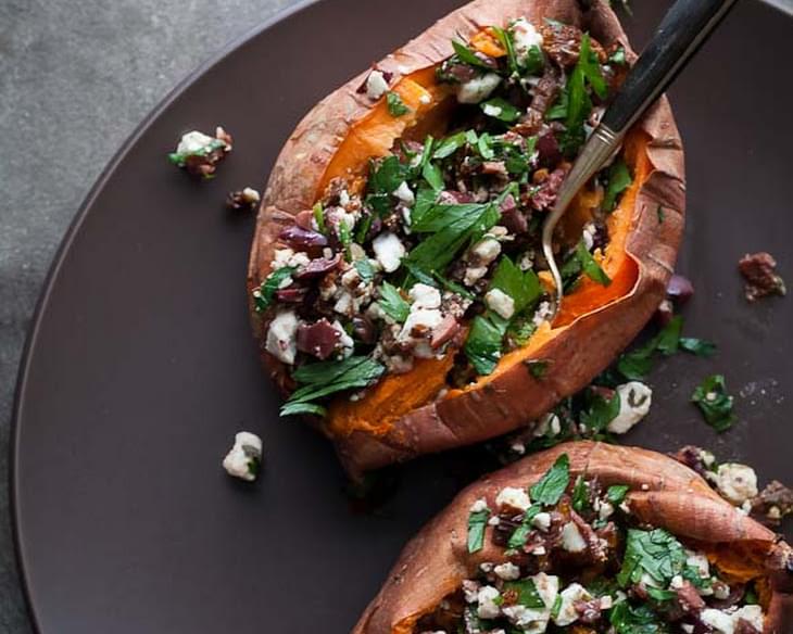 Baked Sweet Potatoes Stuffed with Feta, Olives and Sundried Tomatoes
