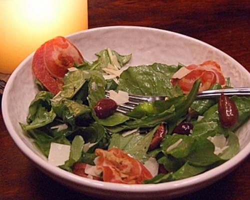 Arugula Salad w/ Olives, Pancetta & Parmesan Shavings