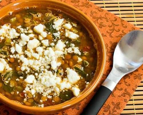 Slow Cooker Vegetarian Greek Lentil Soup with Tomatoes, Spinach, and Feta