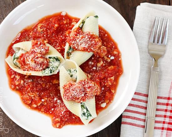 Spinach Stuffed Shells with Meat Sauce