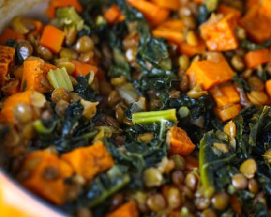 Spicy Lentils with Sweet Potatoes and Kale
