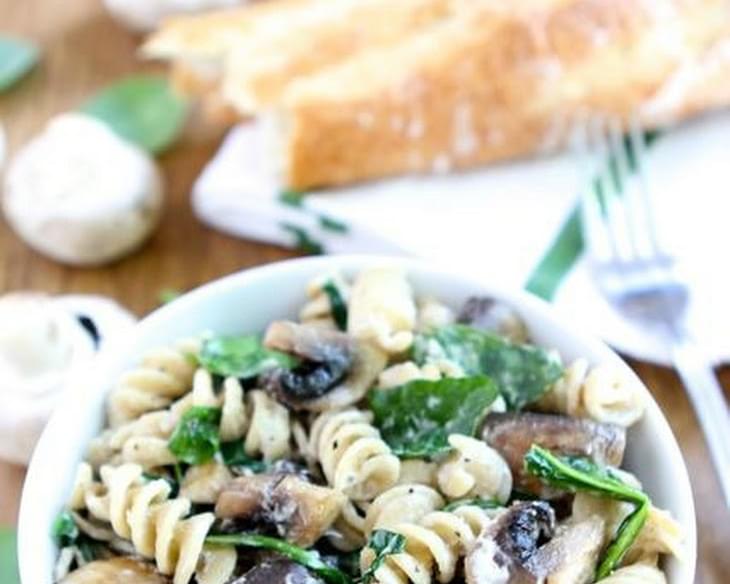 Creamy Goat Cheese Pasta with Spinach and Roasted Mushrooms