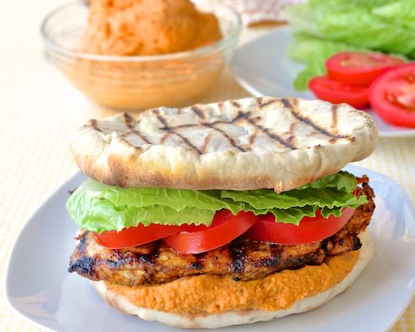Moroccan Marinated Grilled Chicken Flatbread Burgers with Red Pepper Hummus
