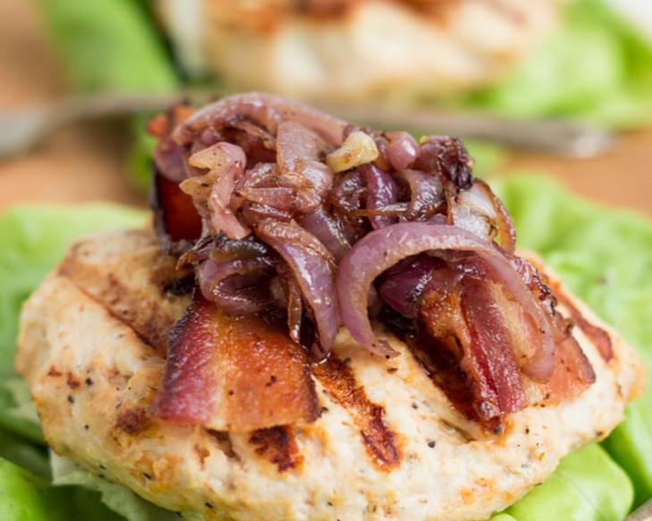 Goat Cheese Stuffed Turkey Burgers with Bacon & Caramelized Onions