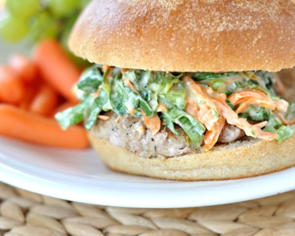 Perfect Turkey Burgers with Romaine and Carrot Slaw