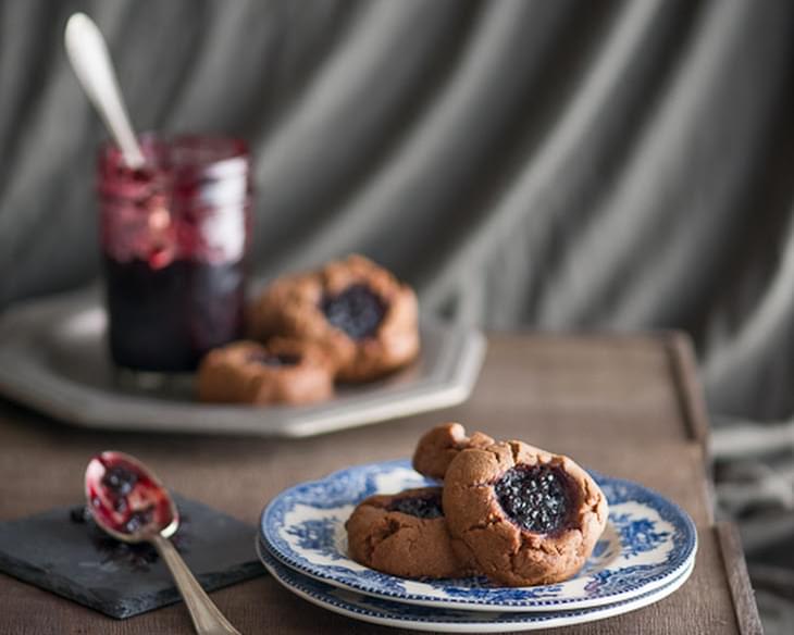 Peanut Butter Cocoa Cookies with Berry Jam