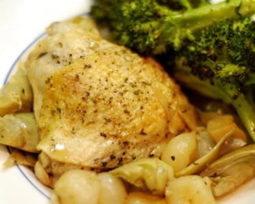 Braised Chicken Legs with Artichokes and Pearl Onions