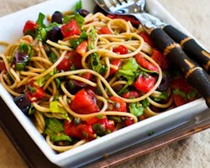 Whole What Spaghetti with No-Cook Sauce of Tomatoes, Arugula, Olives, and Capers