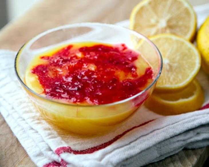Lemon Pudding and Raspberry Sauce