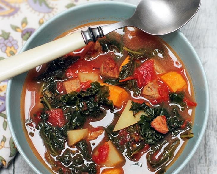 Karina's Gluten-Free Kale Soup Recipe with Spicy Chicken Sausage, Gold and Sweet Potatoes