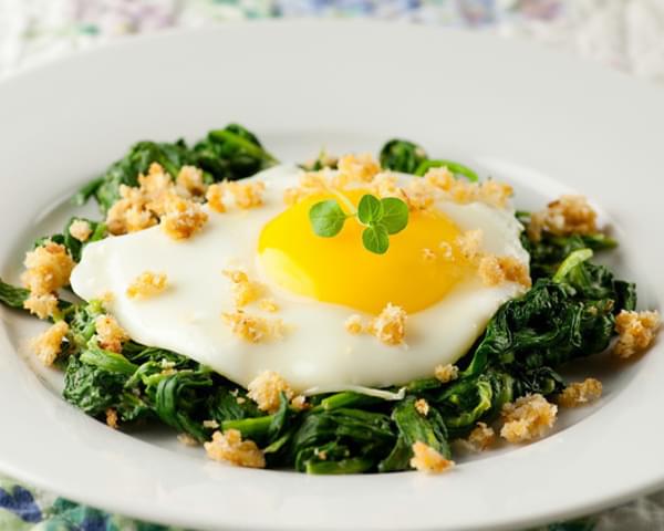 Eggs with Mustard Creamed Spinach and Crispy Breadcrumbs