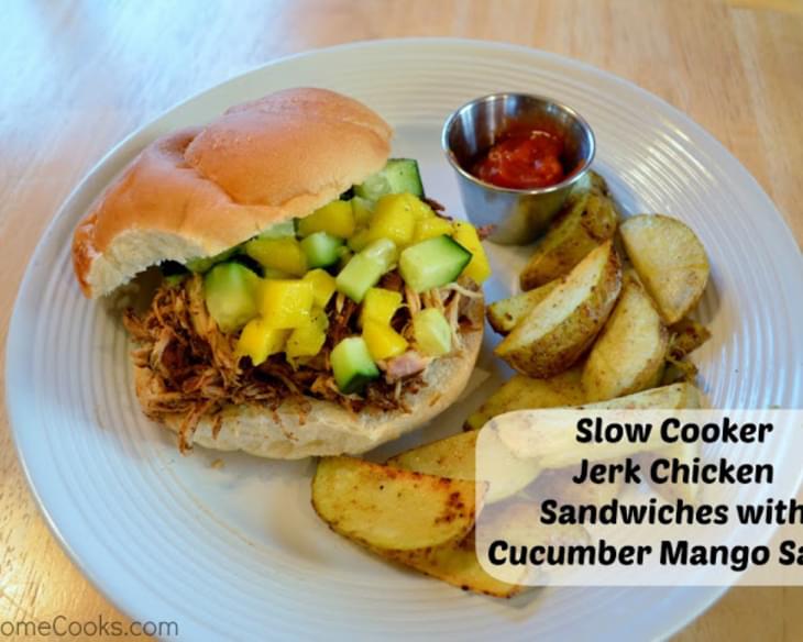 Slow Cooker Jerk Chicken Sandwiches with Cucumber Mango Salsa