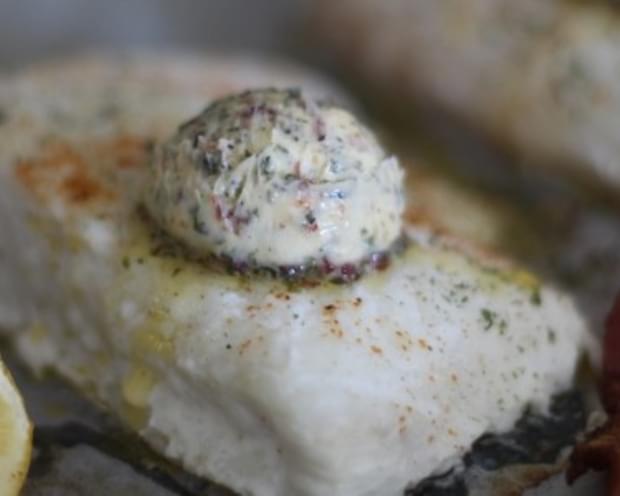 Simple Baked Halibut with Bacon Herb Butter