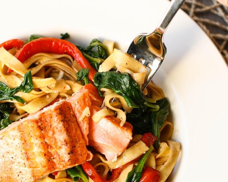Linguine with Steelhead, Spinach and Peppers