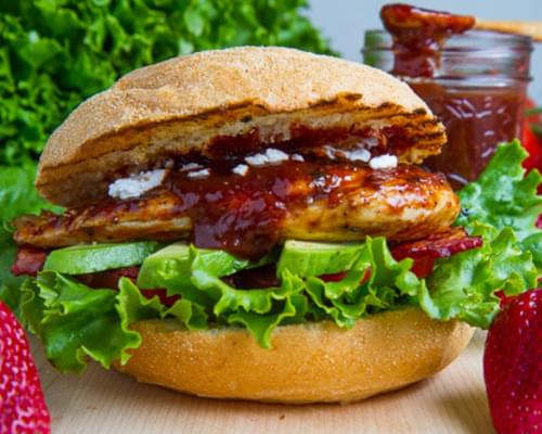 Strawberry BBQ Chicken Club Sandwich with Bacon, Avocado and Goat Cheese