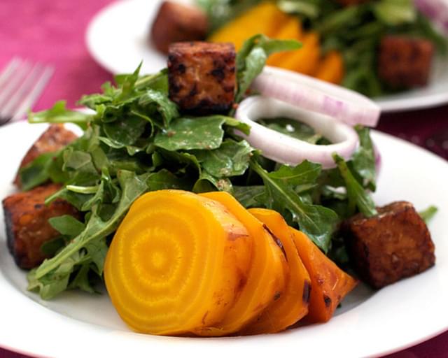 Roasted Yellow Beet Salad With Warm Maple Mustard Dressing