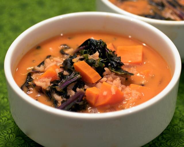 Red Curry Soup with Rice and Purple Kale